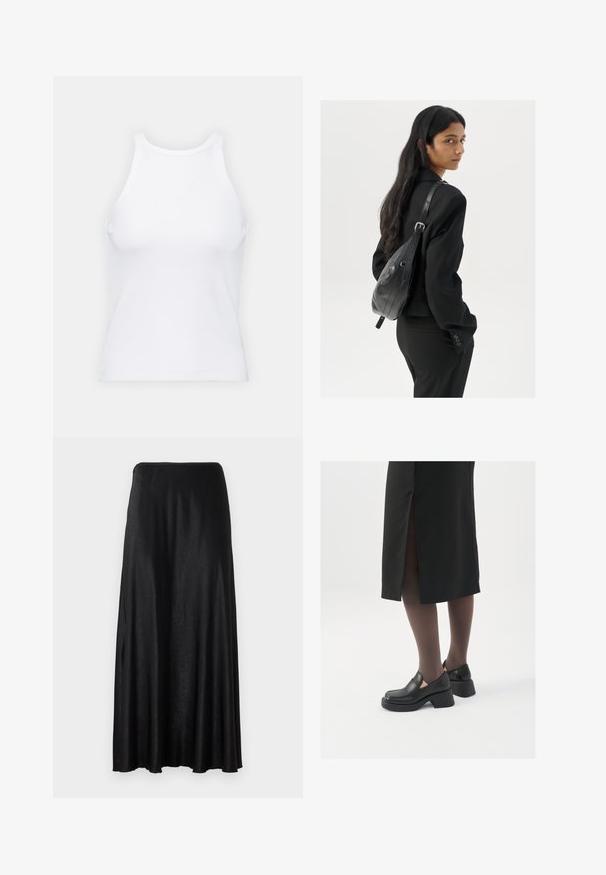 White sleeveless tank top made of ribbed fabric, featuring a rounded neckline and a fitted silhouette, with minimal seams and no embellishments.; Black, floor-length skirt made from a smooth, lightweight fabric. Features a simple, seamless design with an elastic waistband.; Black leather shoes with a rounded toe, thick block heel, and elastic side accents, paired with dark tights and a black skirt with a slit.; Woman with long dark hair wearing a black suit, carrying a black leather shoulder bag, looking over her shoulder against a white background.