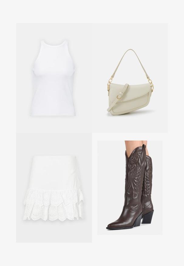 Top senza maniche bianco realizzato in tessuto a coste, caratterizzato da un collo arrotondato e una silhouette aderente, con cuciture minime e senza decorazioni.; Gonna bianca in cotone con un design a strati di volant e ricamo a occhiello sull'orlo. Tessuto liscio, lunghezza sopra il ginocchio.; Stivali da cowboy in pelle marrone con punta affusolata e tacco a blocco, caratterizzati da dettagliati ricami e accenti rialzati sul gambale.; Piccola borsa a tracolla crema con finitura testurizzata, una lunga tracolla regolabile, un accento a catena e chiusura a patta. Dettagli in hardware dorato.