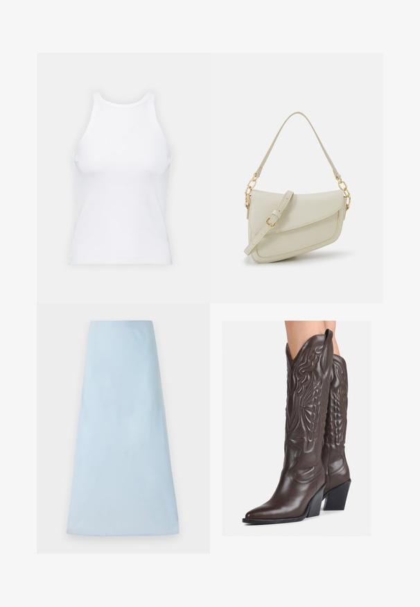 Weißes ärmelloses Tanktop aus geripptem Stoff, mit rundem Ausschnitt und figurbetonter Silhouette, minimalen Nähten und ohne Verzierungen.; Helles blaues A-Linien-Rock aus einem glatten Stoff, mit einem schlichten Design ohne sichtbare Muster oder Akzente, in mittellanger Länge.; Braune Leder-Cowboy-Stiefel mit spitzem Punkt und Blockabsatz, die über detaillierte Stickereien und hervorgehobene Akzente am Schaft verfügen.; Kleine cremefarbene Handtasche mit strukturiertem Finish, einem langen verstellbaren Tragegurt, einem Kettenakzent und einem Klappenverschluss. Goldene Hardware-Details.