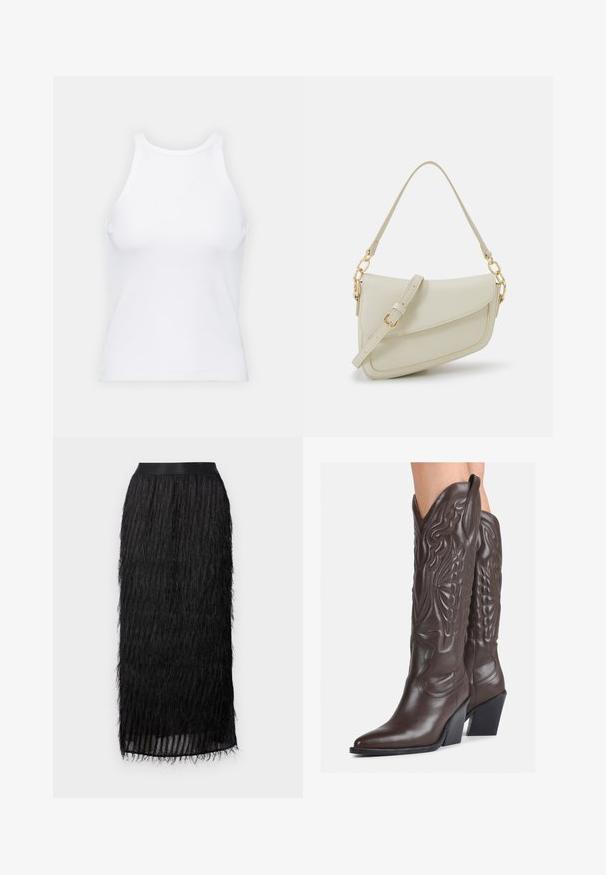 Top alb fără mâneci, confecționat din material ribbed, prezentând un decolteu rotund și o siluetă ajustată, cu cusături minime și fără ornamente.; Fustă midi neagră cu un design texturat cu franjuri, talie netedă și o siluetă fluidă, fabricată din materiale ușoare.; Bocanci de cowboy din piele maro, cu vârf ascuțit și toc pătrat, având cusături detaliate și accente ridicate pe tijă.; Geantă mică de crem cu un finisaj texturat, curea lungă și ajustabilă, accent cu lanț și închidere cu clapetă. Detalii din hardware aurie.