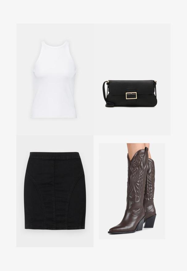 Bela brezrokavna majica iz rebraste tkanine, z zaobljenim izrezom in prilegajočim silhueto, z minimalnimi šivi in brez okraskov.; Črna denim mini krila z oprijetim dizajnom, strukturiranimi ploščami in vidnimi šivi za dodatne podrobnosti. Gladka tekstura in eleganten silhueta.; Rjave usnjene kavbojske čevlje z ostrim nosom in blok peto, ki vsebujejo podrobno šivanje in dvignjene dodatke na zgornjem delu.; Črna usnjena torbica na preklop z zlato kovinsko zaponko. Vključuje črn trak in eleganten, minimalističen dizajn.