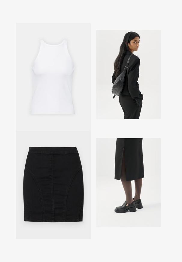 Top de tirantes blanco sin mangas hecho de tela acanalada, con un escote redondeado y una silueta ajustada, con costuras mínimas y sin adornos.; Mini falda de mezclilla negra con un diseño ajustado, paneles estructurados y costuras visibles para un detalle adicional. Textura suave y silueta elegante.; Zapatos de piel negra con punta redondeada, tacón grueso y bloque, y acentos elásticos en los laterales, combinados con unos pantys oscuros y una falda negra con una abertura.; Mujer con cabello largo y oscuro vestida con un traje negro, llevando un bolso de cuero negro al hombro, mirando por encima de su hombro contra un fondo blanco.; Pendientes de aro plateados con un diseño minimalista. Forma circular, textura suave y perfil delgado. Livianos con un acabado pulido.