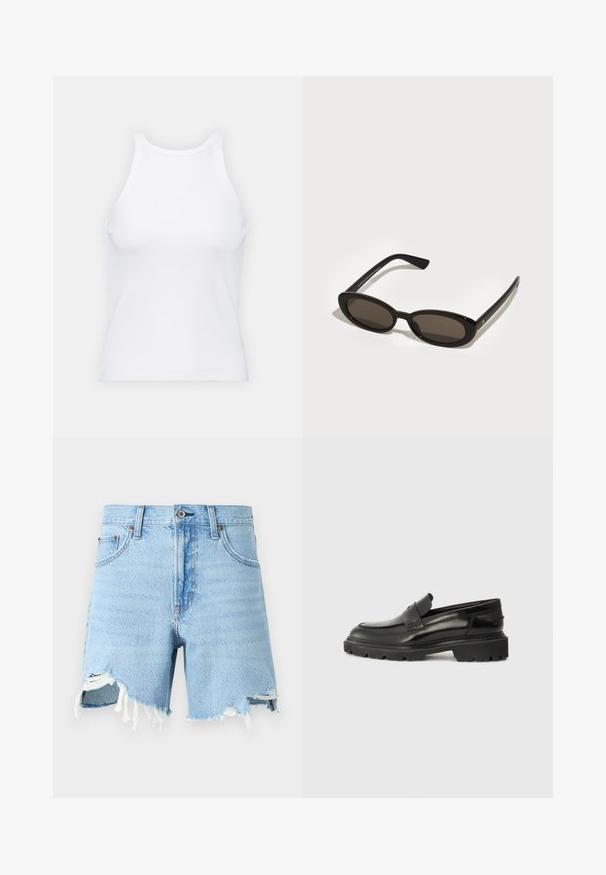 Weißes ärmelloses Tanktop aus geripptem Stoff, mit rundem Ausschnitt und figurbetonter Silhouette, minimalen Nähten und ohne Verzierungen.; Hellblaue Denim-Shorts mit klassischem Fünf-Taschen-Design, ausgefranster Säume und abgetragenen Details auf der Vorderseite.; Schwarze Leder Slipper mit abgerundetem Zehenbereich, dickem strukturiertem Profil und dezenten Nähdetails. Auf der Rückseite befindet sich ein kleines Logo.; Schwarze Sonnenbrille mit ovalen, halbrandlosen Gläsern. Glänzende Rahmen und schlanke Bügel. Dunkel getönte Gläser mit minimalen Hardware-Details.; Schwarze weiche Leder-Schultertasche mit verstellbarem dünnen Tragegurt, gerafften Seiten, die mit Knoten gebunden sind, und kleinem goldenen Logo an der unteren rechten Vorderseite.