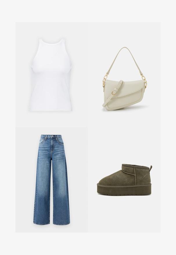 Biała bezrękawnikowa koszulka wykonana z prążkowanej tkaniny, z okrągłym dekoltem i dopasowanym krojem, o minimalnych szwach i bez ozdób.; Jeans w szerokich nogawkach w jasnoniebieskim kolorze, z wysokim stanem, subtelnym przetarciem i pięcioma kieszeniami, z kontrastowym przeszyciem.; Zielono-oliwkowe zamszowe botki sięgające kostki z okrągłym noskiem, przeszyciami oraz grubą podeszwą z teksturowanym wzorem. Mała pętelka z tyłu.; Mała torebka w kolorze kremowym z teksturowanym wykończeniem, długim regulowanym paskiem, akcentem z łańcucha oraz zapięciem na klapkę. Wykończenia w kolorze złotym.