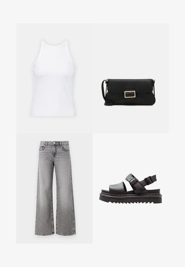 White sleeveless tank top made of ribbed fabric, featuring a rounded neckline and a fitted silhouette, with minimal seams and no embellishments.; Wide-leg jeans made of grey denim with a faded finish. Features classic pockets and a button closure at the waist.; Black leather sandals feature a wide toe strap, two adjustable buckle straps, and a thick, ridged, platform sole for stability.; Black leather clutch bag with a flap and a gold metal buckle detail. Includes a black strap and a sleek, minimalist design.; Silver hoop earrings with a twisted design, featuring a polished finish and post-back closure. Measure approximately 3 cm in diameter.
