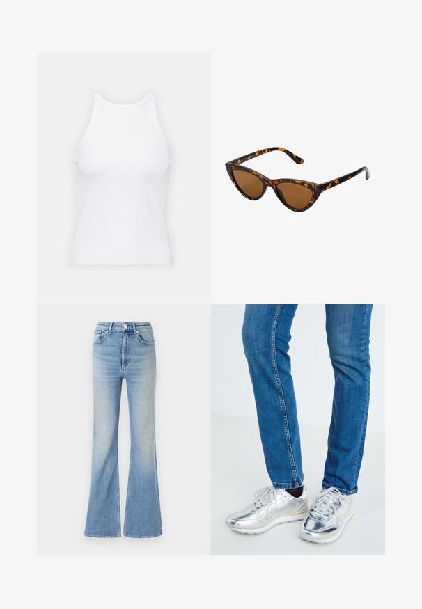 Top desportivo sem mangas, de cor branca, feito de tecido canelado, com decote arredondado e silhueta justa, apresentando costuras mínimas e sem adornos.; Calças de ganga largas de cor azul claro, com uma cintura alta, design de cinco bolsos e um ligeiro desvanecimento em gradação em direção à bainha.; Sneakers metálicos prateados com uma textura suave, bico redondo e sola de borracha branca, combinados com jeans azuis justos com costura subtil.; Óculos de sol estilo gato com uma armação em tartaruga preta e laranja, lentes castanhas e pontas elegantes e pontiagudas. Apresenta um logo minimalista na haste.; Brincos de argola prateados com um design torcido, apresentando um acabamento polido e fecho tipo post. Medem aproximadamente 3 cm de diâmetro.