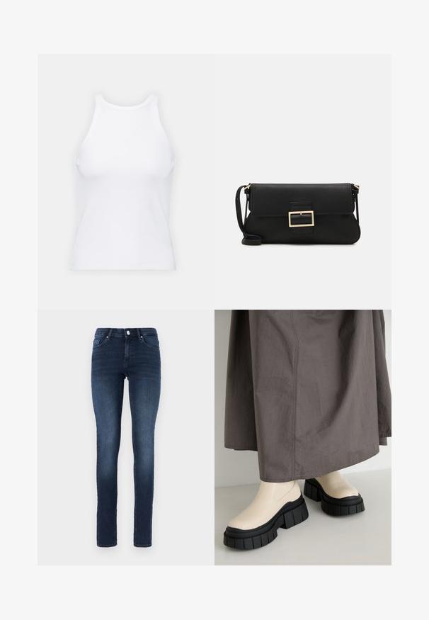 Biała bezrękawnikowa koszulka wykonana z prążkowanej tkaniny, z okrągłym dekoltem i dopasowanym krojem, o minimalnych szwach i bez ozdób.; Ciemnoniebieskie wąskie dżinsy wykonane z denimu, z klasycznym pięciopocketowym wzorem, zapinane na guzik, z delikatnym wyblaknięciem na udach.; Beżowe botki za kostkę na grubej czarnej platformie, z gładkiej skórzanej cholewką i zaokrąglonym czubkiem. Szary spódniczka częściowo je przykrywa.; Czarna skórzana torebka kopertowa z klapką i detalem w postaci złotej metalowej klamry. Zawiera czarny pasek oraz elegancki, minimalistyczny design.; Srebrne kolczyki w kształcie obręczy z skręconym wzorem, z polerowanym wykończeniem i zapięciem na sztyft. Mają średnicę około 3 cm.