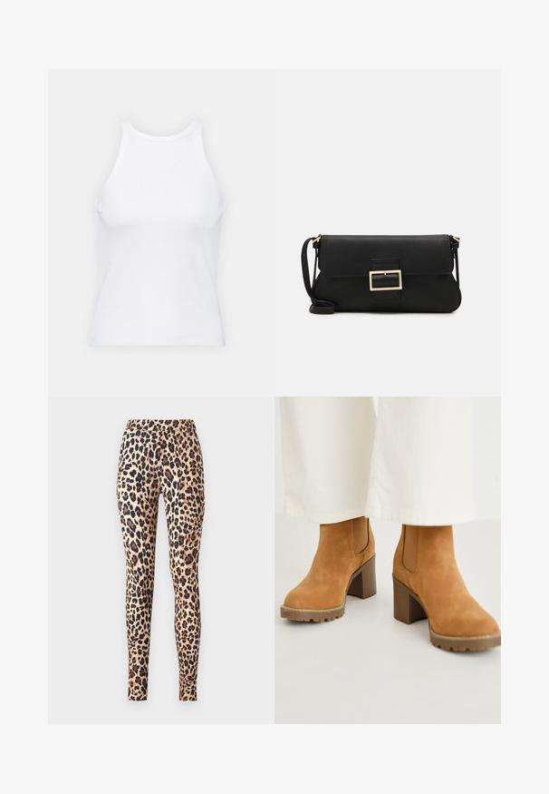 Balta bezpiedurkņu topiņš no ribotā auduma, ar noapaļotu kakla izgriezumu un pieguļošu siluetu, ar minimālām šuvēm un bez rotājumiem.; ONLY ONLKIM - Legingi — bikses - cuban sand; Kastanis krāsas zamšādas potīšu zābaki ar masīvu blokveida papēdi, kas aprīkoti ar elastīgiem sānu paneļiem un cieta zole labākai saķerei. Tekstūrēta virsma ar šuvju detaļām.; Melnas ādas saķeres soma ar atloku un zelta metāla sprādzi. Ietver melnu siksnu un elegantu, minimālistisku dizainu.; Zelta krāsas auskari gredzena formā, plāni un apaļi, ar gludu metāla apdari un bez rotājumiem vai zīmējumiem.