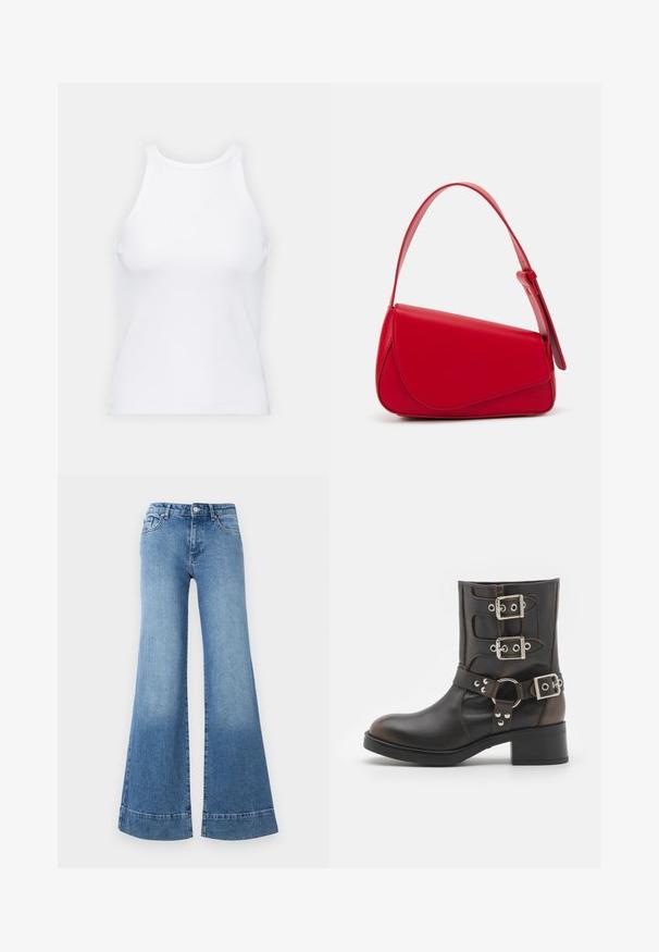 Biała bezrękawnikowa koszulka wykonana z prążkowanej tkaniny, z okrągłym dekoltem i dopasowanym krojem, o minimalnych szwach i bez ozdób.; Jasnoniebieskie dżinsy w stylu dzwonów z wysokim stanem, szerokimi nogawkami i lekkim wyblaknięciem. Posiadają klasyczny, pięcio-kieszeniowy krój oraz metalowe zapięcie.; Czarne skórzane botki za kostkę z trzema regulowanymi srebrnymi klamrami, okrągłym paskiem akcentującym i niskim słupkowym obcasem. Gładka faktura i zaokrąglony nosek.; Czerwona skórzana torebka o kanciastym, geometrycznym designie. Posiada jedną regulowaną rączkę oraz zapięcie na klapę z przeszyciami.