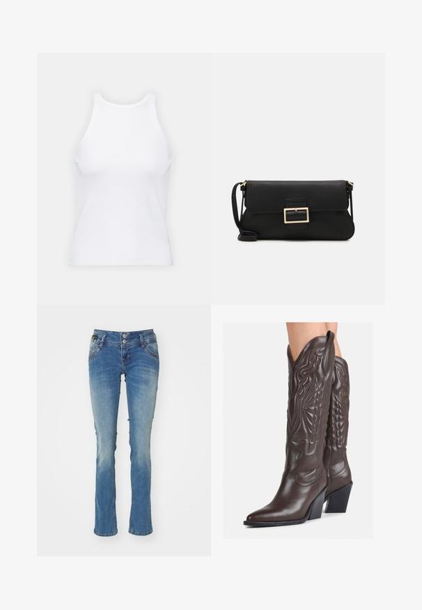 Baltas be rankovių marškinėlis, pagamintas iš išklotinės medžiagos, su apvaliu iškirpimu ir prigludusia siluetu, minimaliais siūlais ir be dekoracijų.; Šviesiai mėlyni džinsai su lengvu nusidėvėjimu, plačiais sijonais apačioje, dviejų mygtukų užsegimu, klasikiniu penkių kišenių dizainu ir subtiliais siuvinėjimo akcentais.; Rudos odinės kaubojaus batai su smailiu priekiu ir blokuotu kulnu, pasižymintys detaliu siuvinėjimu ir iškiliais akcentais ant ašies.; Juodas odinis dėkliukas su atvarteliu ir auksinės metalinės sagties detalėmis. Įeina juodas diržas ir elegantiškas, minimalistinis dizainas.; Aukso spalvos žiedo auskarai, ploni ir apvalūs, su lygiu metaliniu paviršiumi be papuošimų ar raštų.