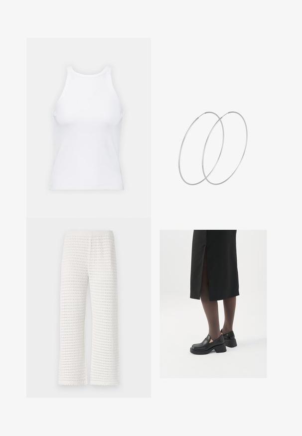 White sleeveless tank top made of ribbed fabric, featuring a rounded neckline and a fitted silhouette, with minimal seams and no embellishments.; White textured pants with a waffle pattern, featuring a stretchy waistband and a wide-leg design with scalloped edges at the hem.; Black leather shoes with a rounded toe, thick block heel, and elastic side accents, paired with dark tights and a black skirt with a slit.; Silver hoop earrings with a minimalist design. Circular shape, smooth texture, and thin profile. Lightweight with a polished finish.