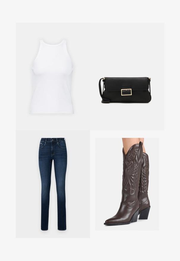 Valge ilma varrukateta T-särk, mis on valmistatud ribakangast, ümarate kaelustega ja kitseneva siluetiga, minimaalse õmbluste ning ilma kaunistusteta.; Tumed sinised teksad, mis on valmistatud denimist, sirge jala lõikega, viie tasku disainiga ja nööbi kinnitusega vööl.; Pruunid nahast cowboy saapad terava varbaga ja plokk-kandaga, millel on detailne tikand ja kergelt tõstetud aktsendid varrel.; Must haben musta nahkklahviga kott, millel on klapp ja kuldne metallist pandla detail. Kaasas must rihm ja stiilne, minimalistlik disain.; Kuldne rõngassõrmused sileda ja läikiva viimistlusega. Ringikujuline disain, millel on väike post ja selge tagumine külg, et tagada kindel kandmine.