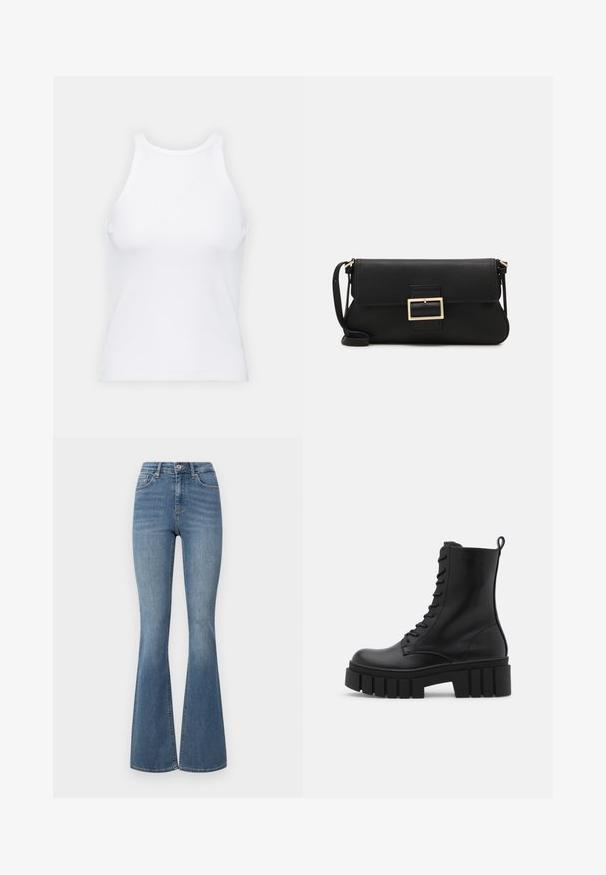 Baltas be rankovių marškinėlis, pagamintas iš išklotinės medžiagos, su apvaliu iškirpimu ir prigludusia siluetu, minimaliais siūlais ir be dekoracijų.; Aukštai juosmens džinsai su plačiais klešniais šviesiai mėlynos spalvos denimo. Papildyti klasikinio penkių kišenių dizainu, subtiliu siuvinėjimu ir šiek tiek elastingumo patogumui.; Juodos odinės kulkšnės botai su masyviu, dantytu padu, raištelių užsegimu priekyje ir kilpeliu ant sklandaus balto fono.; Juodas odinis dėkliukas su atvarteliu ir auksinės metalinės sagties detalėmis. Įeina juodas diržas ir elegantiškas, minimalistinis dizainas.; Aukso auskarai su lygiu, blizgiu paviršiumi. Apvalus dizainas su maža užrakto dalimi ir skaidria atrama saugiam nešiojimui.