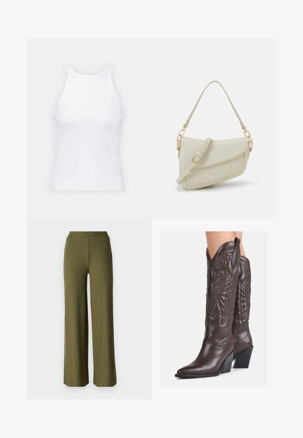 Top senza maniche bianco realizzato in tessuto a coste, caratterizzato da un collo arrotondato e una silhouette aderente, con cuciture minime e senza decorazioni.; Pantaloni a gamba larga verde oliva, a coste, con una consistenza morbida e una vita elasticizzata. Presentano un taglio dritto e una lunghezza lunga.; Stivali da cowboy in pelle marrone con punta affusolata e tacco a blocco, caratterizzati da dettagliati ricami e accenti rialzati sul gambale.; Piccola borsa a tracolla crema con finitura testurizzata, una lunga tracolla regolabile, un accento a catena e chiusura a patta. Dettagli in hardware dorato.