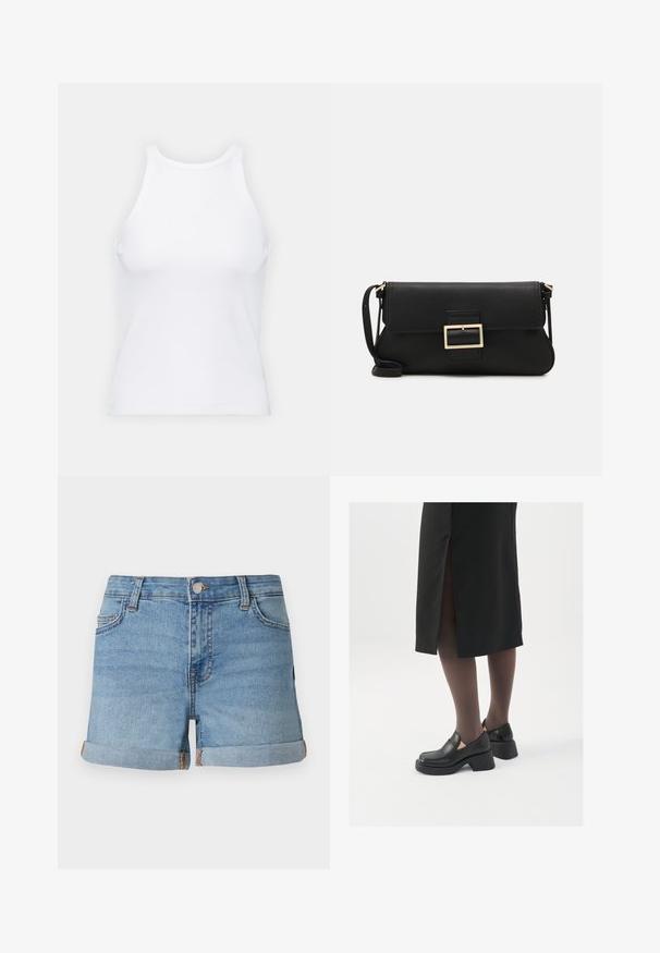 Baltas be rankovių marškinėlis, pagamintas iš išklotinės medžiagos, su apvaliu iškirpimu ir prigludusia siluetu, minimaliais siūlais ir be dekoracijų.; Šviesiai mėlynos džinsinės šortai su perkošimais, priekinis mygtukų užsegimas ir penkių kišenių dizainas, kuris puošia kontrastinės siūlės detalės.; Juodos odinės bateliai su apvaliu nosiu, stora blokine pakulne ir elastingais šonais, derinami su tamsiomis pėdkelnėmis ir juoda sijonu su plyšiu.; Juodas odinis dėkliukas su atvarteliu ir auksinės metalinės sagties detalėmis. Įeina juodas diržas ir elegantiškas, minimalistinis dizainas.
