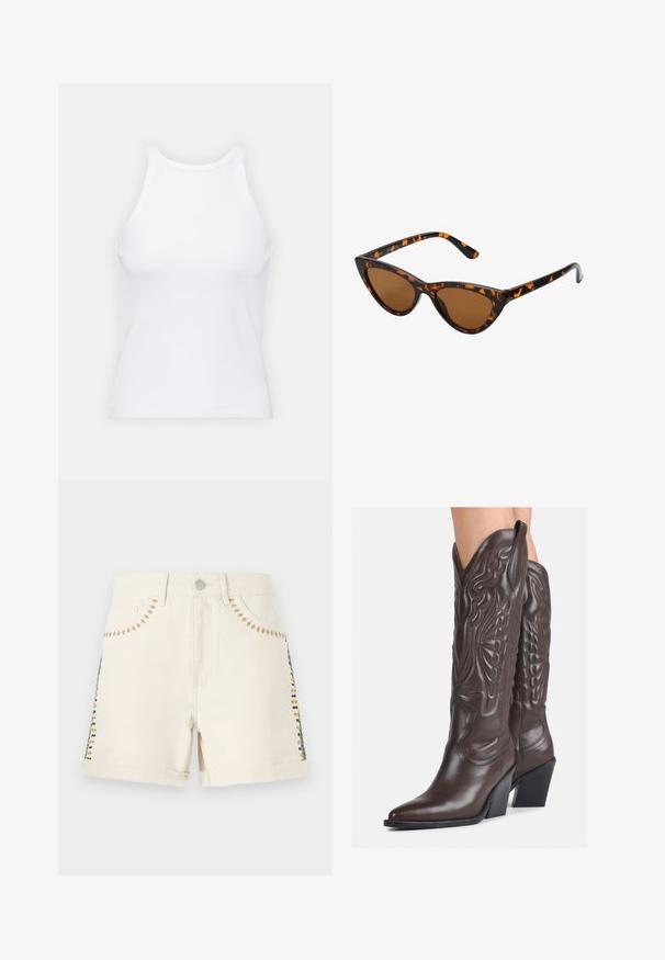 Biała bezrękawnikowa koszulka wykonana z prążkowanej tkaniny, z okrągłym dekoltem i dopasowanym krojem, o minimalnych szwach i bez ozdób.; Beżowe bawełniane szorty z naszytymi akcentami w kolorze zielonym, żółtym i brązowym po bokach. Posiadają podwinięte mankiety i przednie kieszenie.; Brązowe skórzane kowbojki z noskiem w kształcie migdała i blokowym obcasem, z detalicznym przeszyciem i podniesionymi akcentami na cholewce.; Okulary przeciwsłoneczne w kształcie kocich oczu z czarno-pomarańczową oprawą w deseń żółwia, brązowymi soczewkami i eleganckimi, spiczastymi końcówkami. Posiadają minimalistyczne logo na zauszniku.; Mała torebka w kolorze kremowym z teksturowanym wykończeniem, długim regulowanym paskiem, akcentem z łańcucha oraz zapięciem na klapkę. Wykończenia w kolorze złotym.