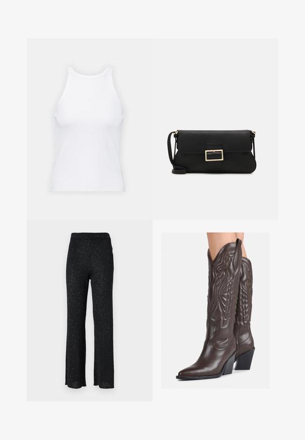 Top senza maniche bianco realizzato in tessuto a coste, caratterizzato da un collo arrotondato e una silhouette aderente, con cuciture minime e senza decorazioni.; Pantaloni svasati neri, scintillanti, in maglia con vita elastica; presentano una texture morbida e dettagli luccicanti delicati in tutto il capo.; Stivali da cowboy in pelle marrone con punta affusolata e tacco a blocco, caratterizzati da dettagliati ricami e accenti rialzati sul gambale.; Borsa a mano in pelle nera con patta e dettaglio in metallo dorato. Include una tracolla nera e un design elegante e minimalista.