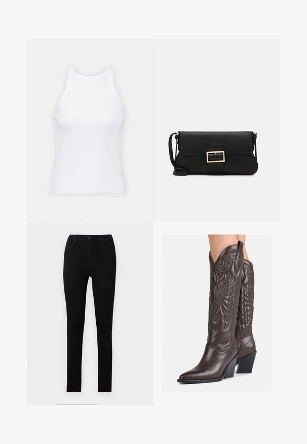 Fehér ujjatlan trikó ribbed anyagból, lekerekített nyakkivágással és testhez simuló siluettel, minimális varrásokkal és díszítések nélkül.; Fekete, skinny farmernadrág rugalmas denimből. Cipzáras, öt zsebbel rendelkezik, sima, egységes textúrával és látható mintázat nélkül.; Barna bőr cowboy csizmák hegyes orral és blokk sarkal, részletes varrással és kiemelkedő díszítésekkel a szárán.; Fekete bőr kézitáska hajtóka részlettel és aranyszínű fém csattal. Tartalmaz egy fekete pántot és egy letisztult, minimális dizájnt.