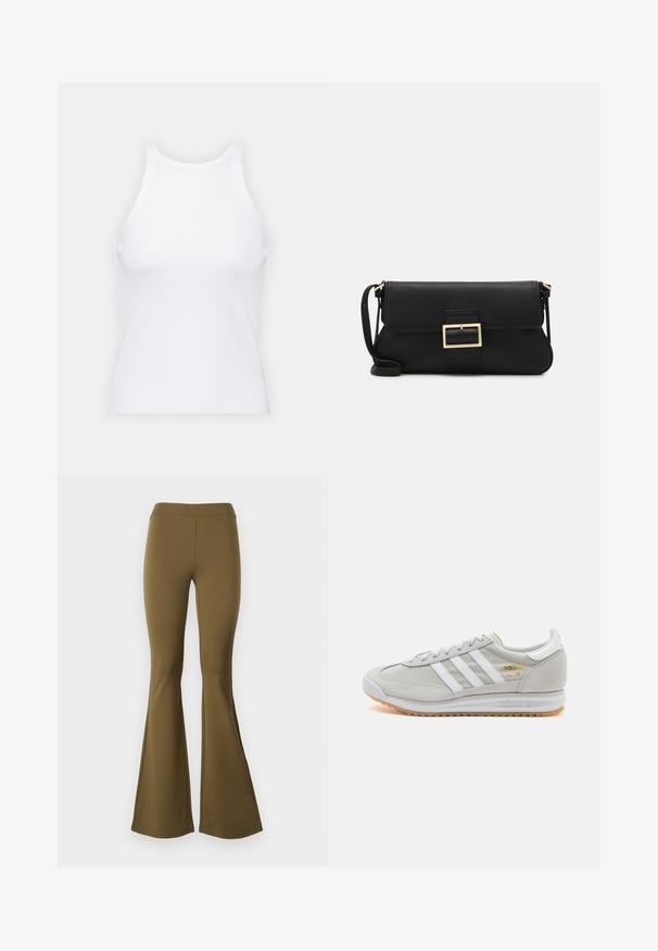 Bela brezrokavna majica iz rebraste tkanine, z zaobljenim izrezom in prilegajočim silhueto, z minimalnimi šivi in brez okraskov.; Visoko pasovi flared hlače v olivno zeleni barvi. Narejene iz raztegljive tkanine, s gladko teksturo in širokim zvonasto krojem od kolena navzdol.; Svetlo sivi tenisice od antilopa i mrežaste tkanine, s tri bijele pruge, okruglim vrhom i gumenim potplatom. Zlatni logo akcent blizu vezica.; Črna usnjena torbica na preklop z zlato kovinsko zaponko. Vključuje črn trak in eleganten, minimalističen dizajn.