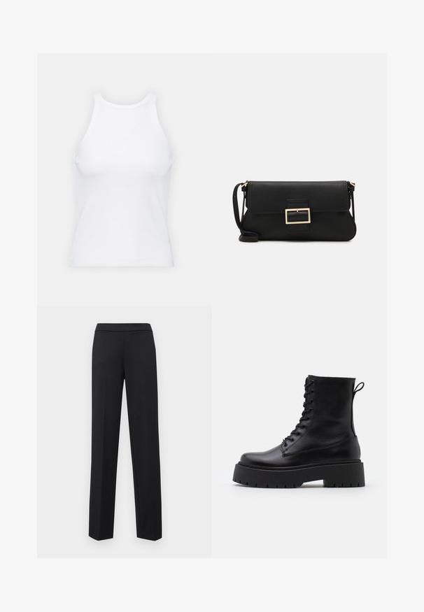 Débardeur blanc sans manches en tissu côtelé, doté d'un col rond et d'une silhouette ajustée, avec des coutures minimales et sans ornements.; ONLY ONLPEACH LIFE PULL UP PANT - Pantalon classique - black; Bottines en cuir noir avec un bout rond, un laçage à l'avant et une épaisse semelle en caoutchouc dotée d'un motif texturé. Tirer au dos.; Pochette en cuir noir avec un rabat et un détail en boucle en métal doré. Inclut une sangle noire et un design épuré et minimaliste.; Boucles d'oreilles en argent en forme de créoles avec un design torsadé, dotées d'une finition polie et d'une fermeture à poussoir. Mesurent environ 3 cm de diamètre.