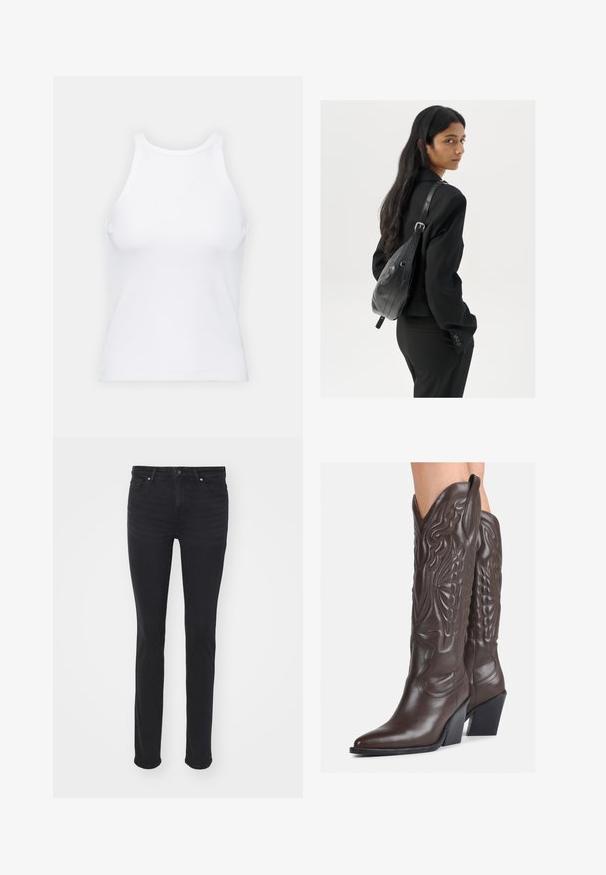 Valge ilma varrukateta T-särk, mis on valmistatud ribakangast, ümarate kaelustega ja kitseneva siluetiga, minimaalse õmbluste ning ilma kaunistusteta.; Mustad teksad mustast denimist, millel on kitsas lõige, viis taskut, tõmblukk ja hõbedased detailid. Sile tekstuur, minimaalne pleekimine.; Pruunid nahast cowboy saapad terava varbaga ja plokk-kandaga, millel on detailne tikand ja kergelt tõstetud aktsendid varrel.; Pikkade tumehaired naine mustas ülikonnas, kandes musta nahast õlakotti, vaatab üle õla valge tausta taustal.