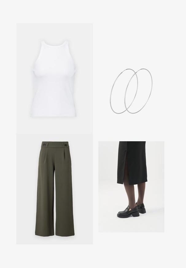 Valge ilma varrukateta T-särk, mis on valmistatud ribakangast, ümarate kaelustega ja kitseneva siluetiga, minimaalse õmbluste ning ilma kaunistusteta.; Laiad, oliivrohelised püksid, mis on valmistatud siledast kangast; vööl on kaks musta nuppu ja ees on pleedid lisadetailideks.; Mustad mustad jalatsid ümmarguse varbaga, paksu plokkniidi ja elastsete külgdetailidega, kombineeritud tumedate sukkade ja musta lõhikuga seelikuga.; Hõbedased rõngastikkaehingad minimalistlikus disainis. Ümar kuju, sile tekstuur ja õhuke profiil. Kerged ning poleeritud viimistlusega.