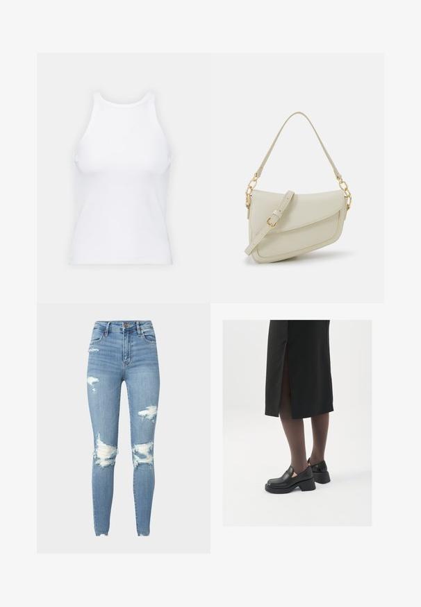White sleeveless tank top made of ribbed fabric, featuring a rounded neckline and a fitted silhouette, with minimal seams and no embellishments.; High-waisted skinny jeans in light blue denim with ripped detailing on knees and frayed edges, featuring five pockets and a button closure.; Black leather shoes with a rounded toe, thick block heel, and elastic side accents, paired with dark tights and a black skirt with a slit.; Small cream handbag with a textured finish, a long adjustable strap, a chain accent, and a flap closure. Gold hardware detailing.