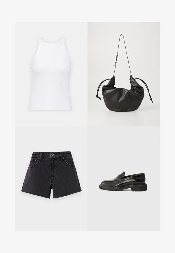 Hvid ærmeløs tanktop lavet af ribbet stof, med en rund halsudskæring og en tætsiddende silhuet, med minimale sømme og ingen pynt.; Sorte denim shorts med høj talje, frynset kant, forlommer og nitter i kobberfarve. Glat tekstur og klassisk snit.; Sorte læderslips-on sko med rund tå, tyk struktureret sål og diskret syning. Har et lille logo på bagsiden.; Sort blød læder skuldertaske med justerbar tynd rem, samlede sider bundet med knuder og lille guldlogo nederst til højre foran.