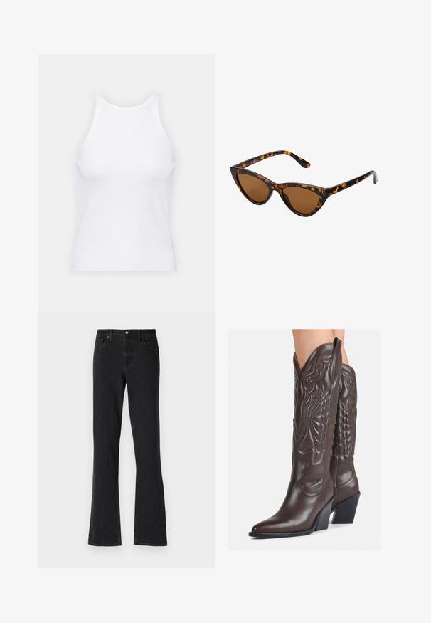 Bílý bezrukávový top vyrobený z ribbed látky, s kulatým výstřihem a přiléhavým střihem, s minimem švů a bez ozdob.; Černé zvonové džíny z denimu, s knoflíkovým a zipovým zapínáním, předními kapsami a viditelným šitím podél švů.; Hnědé kožené kovbojské boty s špičatou špičkou a blokovým podpatkem, se zdobným prošíváním a vyvýšenými akcenty na nárazu.; Sluneční brýle ve stylu kočičích očí s černo-oranžovým želvovinovým rámem, hnědými skly a elegantními, špičatými konci. Obsahují minimalistické logo na straně.