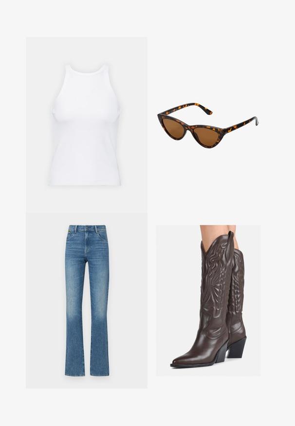White sleeveless tank top made of ribbed fabric, featuring a rounded neckline and a fitted silhouette, with minimal seams and no embellishments.; Flared blue denim jeans with a slightly faded texture, five pockets, and a button closure at the waist. Distressed detailing near hems.; Brown leather cowboy boots with pointed toe and block heel, featuring detailed stitching and raised accents on the shaft.; Cat-eye sunglasses with a black and orange tortoiseshell frame, brown lenses, and sleek, pointed tips. Features a minimal logo on the temple.; Small cream handbag with a textured finish, a long adjustable strap, a chain accent, and a flap closure. Gold hardware detailing.