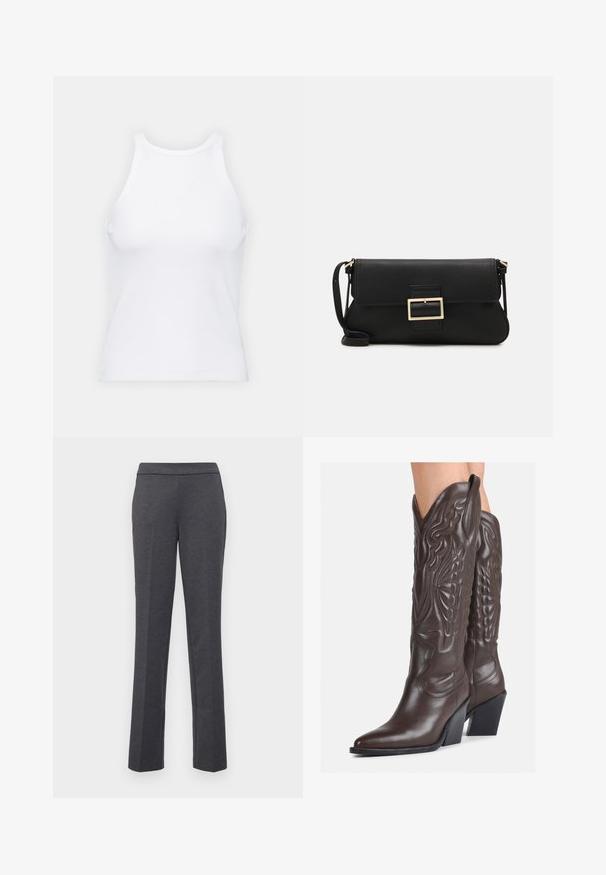 White sleeveless tank top made of ribbed fabric, featuring a rounded neckline and a fitted silhouette, with minimal seams and no embellishments.; Gray trousers with a straight-leg design, smooth texture, and a wide waistband. Features side pockets for practicality.; Brown leather cowboy boots with pointed toe and block heel, featuring detailed stitching and raised accents on the shaft.; Black leather clutch bag with a flap and a gold metal buckle detail. Includes a black strap and a sleek, minimalist design.; Silver hoop earrings with a twisted design, featuring a polished finish and post-back closure. Measure approximately 3 cm in diameter.