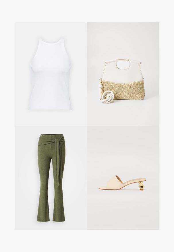 Witte mouwloze tanktop van ribstof, met een ronde halslijn en een aansluitende pasvorm, met minimale naden en zonder versieringen.; Olijfgroene broek in een zachte stof met een uitlopende pijpdesign. Kenmerkt zich door een opvallende knoopdetail op de hoge taille.; RAID ATHENA - Pantoffels - cream; Witte leren handtas met een doorgetrokken creme geweven stof aan de onderkant. Voorzien van een gouden handvat en een opgerolde witte schouderband voor veelzijdigheid.