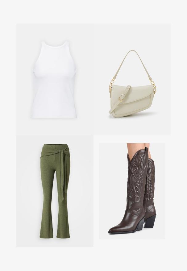 Balta bezpiedurkņu topiņš no ribotā auduma, ar noapaļotu kakla izgriezumu un pieguļošu siluetu, ar minimālām šuvēm un bez rotājumiem.; Olīvu zaļas bikses mīkstā audumā ar plati izplešas kājām. Iekļauj izteiktu mezgla detaļu augstajā jostasvietā.; Brūni ādas kovboju zābaki ar norādītu purngalu un blokveida papēdi, ar detalizētu šūšanu un paceltiem akcentiem uz kājas daļas.; Maza krēmkrāsas rokas soma ar teksturētu apdari, garu regulējamu siksniņu, ķēdes akcentu un vāciņa aizdari. Zelta aparatūras detaļas.