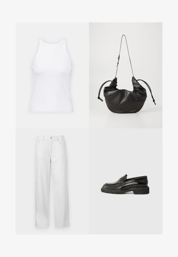 Baltas be rankovių marškinėlis, pagamintas iš išklotinės medžiagos, su apvaliu iškirpimu ir prigludusia siluetu, minimaliais siūlais ir be dekoracijų.; Balti džinsai su laisvu siluetu, su mygtuku ir užtrauktuku, diržo kilpos ir tradicine penkių kišenių konstrukcija.; Juoda oda, slip-on tipo batai su apvaliu kojų pirštų dizainu, storu tekstūruotu padu ir subtiliomis siūlėmis. Yra mažas logotipas ant nugaros.; Juodas minkštas odinis peties krepšys su reguliuojama plona juosta, surinktomis šoninėmis, surištomis mazgais, ir mažas auksinis logotipas dešiniajame apatinio kampe.