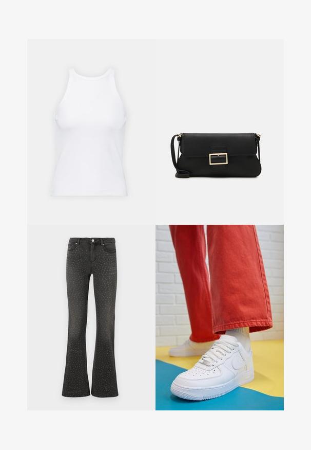 Valge ilma varrukateta T-särk, mis on valmistatud ribakangast, ümarate kaelustega ja kitseneva siluetiga, minimaalse õmbluste ning ilma kaunistusteta.; Mustad mustreeritud mustad flared teksapüksid, valmistatud denimist. Kõrge talje, standartne viie taskuga stiil ja vetsikane lukuga. ; Valge nahast tennis, millel on perforeeritud varvas, tekstureeritud tallad ja valged shoelaces, kombineeritud laia punase pükste ja sinise ning kollase taustaga.; Must haben musta nahkklahviga kott, millel on klapp ja kuldne metallist pandla detail. Kaasas must rihm ja stiilne, minimalistlik disain.; Hõbedased rõngaskõrvarõngad keerutatud disainiga, millel on poleeritud viimistlus ja posti-tagune sulgemine. Diameeter umbes 3 cm.