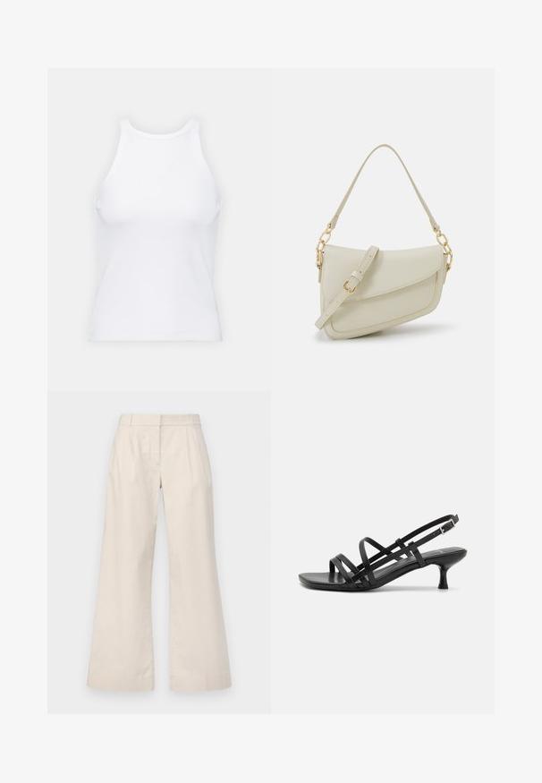 Top alb fără mâneci, confecționat din material ribbed, prezentând un decolteu rotund și o siluetă ajustată, cu cusături minime și fără ornamente.; Pantaloni bej evazați dintr-un material ușor, cu fața plată, două pliuri și un design curat, minimalist.; Sandale negre cu toc, cu mai multe curele încrucișate. Material neted, vârf ascuțit și toc subțire. Curea ajustabilă la gleznă cu cataramă.; Geantă mică de crem cu un finisaj texturat, curea lungă și ajustabilă, accent cu lanț și închidere cu clapetă. Detalii din hardware aurie.; Cercei din argint cu un design torsadat, având un finisaj lucios și închidere cu tijă. Au un diametru de aproximativ 3 cm.