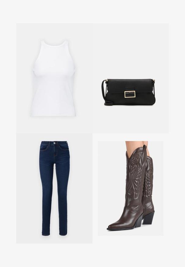 Bílý bezrukávový top vyrobený z ribbed látky, s kulatým výstřihem a přiléhavým střihem, s minimem švů a bez ozdob.; Tmavě modré skinny džíny z denimu, s předním zapínáním na knoflík, poutky na pásek a jemnými švy. Vhodné pro volný čas.; Hnědé kožené kovbojské boty s špičatou špičkou a blokovým podpatkem, se zdobným prošíváním a vyvýšenými akcenty na nárazu.; Černá kožená psaníčko s klopou a zlatým kovovým detailním sponou. Součástí je černý popruh a elegantní, minimalistický design.; Zlaté kruhové náušnice s hladkým, lesklým povrchem. Kruhový design s malým kolíčkem a průhledným záznamem pro bezpečné nošení.