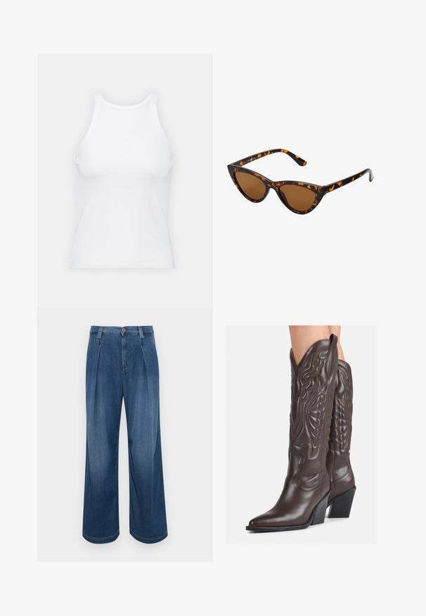 White sleeveless tank top made of ribbed fabric, featuring a rounded neckline and a fitted silhouette, with minimal seams and no embellishments.; Wide-leg denim trousers in medium blue wash. Features a button closure, two front pleats, and contrasting stitching. Soft texture and smooth finish.; Brown leather cowboy boots with pointed toe and block heel, featuring detailed stitching and raised accents on the shaft.; Cat-eye sunglasses with a black and orange tortoiseshell frame, brown lenses, and sleek, pointed tips. Features a minimal logo on the temple.; Small cream handbag with a textured finish, a long adjustable strap, a chain accent, and a flap closure. Gold hardware detailing.
