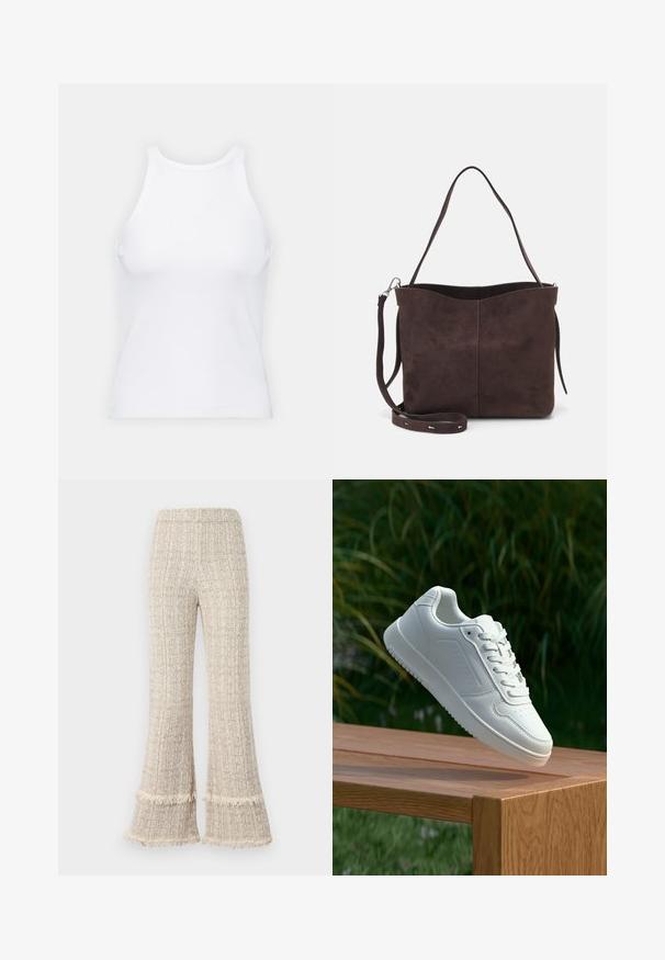Weißes ärmelloses Tanktop aus geripptem Stoff, mit rundem Ausschnitt und figurbetonter Silhouette, minimalen Nähten und ohne Verzierungen.; Weite Hosen aus einem strukturierten beigefarbenen Stoff, mit fransigen Saumkanten und einem hohen Bund. Das Design bietet eine bequeme Passform und viel Fall.; Weiße Sneaker mit einem glatten, synthetischen Obermaterial, perforierter Zehenbox, flachen Schnürsenkeln und einer strukturierten Sohle, präsentiert auf einer Holzoberfläche.; Braune Wildleder-Tasche mit weicher Textur, ausgestattet mit einem einzelnen Schulterriemen und einer dezenten, gewölbten Öffnung an der Oberseite. Keine sichtbaren Beschläge.