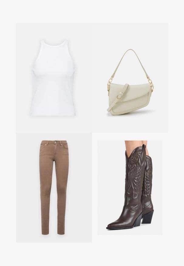 Débardeur blanc sans manches en tissu côtelé, doté d'un col rond et d'une silhouette ajustée, avec des coutures minimales et sans ornements.; Jeans skinny marron en tissu mélangé coton. Comprend cinq poches, des passants de ceinture et une fermeture à bouton devant. Texture lisse.; Bottes de cowboy en cuir marron avec un bout pointu et un talon bloc, présentant des coutures détaillées et des accents en relief sur la tige.; Petit sac à main crème avec une finition texturée, une longue sangle réglable, un accent en chaîne et une fermeture à rabat. Détails en matériel doré.