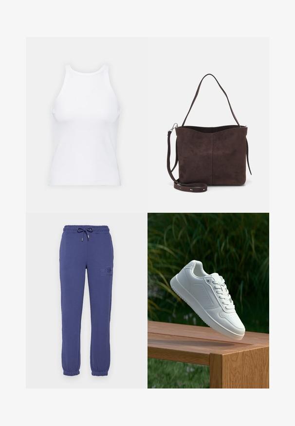 White sleeveless tank top made of ribbed fabric, featuring a rounded neckline and a fitted silhouette, with minimal seams and no embellishments.; GANT TONAL SHIELD - Tracksuit bottoms - dusty navy; White sneaker with a smooth synthetic upper, perforated toe box, flat laces, and a textured sole, displayed on a wooden surface.; Brown suede tote bag with a soft texture, featuring a single shoulder strap and a subtle curved top opening. No visible hardware details.