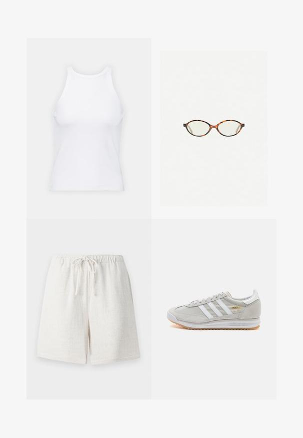 Weißes ärmelloses Tanktop aus geripptem Stoff, mit rundem Ausschnitt und figurbetonter Silhouette, minimalen Nähten und ohne Verzierungen.; Leinen-Shorts in einem cremig-weißen Farbton mit einem elastischen Bund und Kordelzug. Mit einer strukturierten Oberfläche und lockerer Passform.; Hellgraue Sneaker aus Wildleder und Mesh, mit drei weißen Streifen, runder Zehenpartie und einer Sohle aus Gummi. Goldenes Logo-Detail nahe der Schnürsenkel.; Schildpatt-Eyegläser mit ovalen Gläsern und einer eleganten, glatten Oberfläche. Mit dünnen Seiten und einer subtilen Kurve an den Schläfen. Klare Gläser.; Pilgrim UNFOLD - Halskette - gold