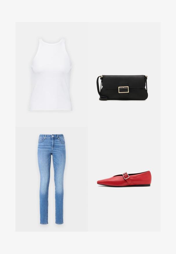 Baltas be rankovių marškinėlis, pagamintas iš išklotinės medžiagos, su apvaliu iškirpimu ir prigludusia siluetu, minimaliais siūlais ir be dekoracijų.; Mėlyni džinsai su siauru kirpimu, vidutinio juosmens ir subtiliais išblukimais. Kontrastingi siūlai ir standartinis penkių kišenių dizainas.; Raudoni odiniai butai su smailiu pirštu, turintys šoninius dirželius su metaline sagtimi ir žemu juodu kulnu. Glotni tekstūra visame paviršiuje.; Juodas odinis dėkliukas su atvarteliu ir auksinės metalinės sagties detalėmis. Įeina juodas diržas ir elegantiškas, minimalistinis dizainas.
