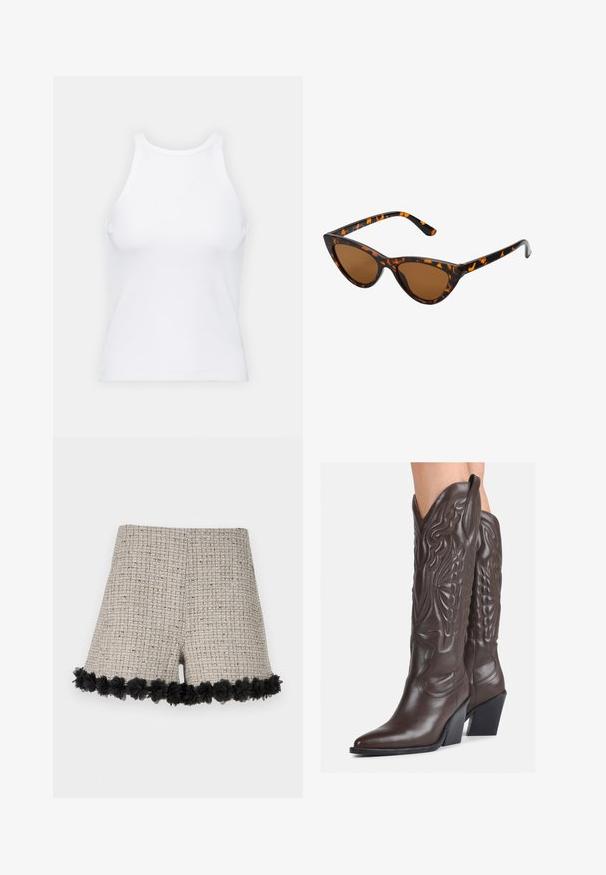 Balta bezpiedurkņu topiņš no ribotā auduma, ar noapaļotu kakla izgriezumu un pieguļošu siluetu, ar minimālām šuvēm un bez rotājumiem.; Beigā krāsā unda sūcēja šorti ar teksturētu rakstu, apakšmalā rotāti ar melnu ziedu apdari. Dizains ietver vispārēju piegriezumu.; Brūni ādas kovboju zābaki ar norādītu purngalu un blokveida papēdi, ar detalizētu šūšanu un paceltiem akcentiem uz kājas daļas.; Kaķa acs saulesbrilles ar melnu un oranžu bruņurupuču rakstu rāmi, brūnām lēcām un elegantiem, norādītiem galiem. Rāmī ir minimālists logos uz tempļa.