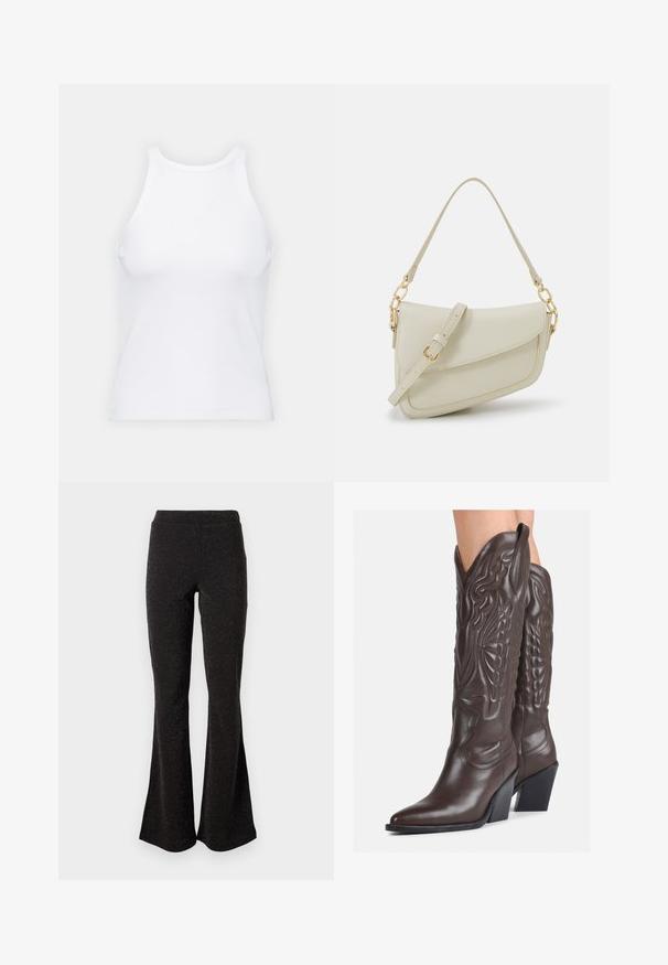 Baltas be rankovių marškinėlis, pagamintas iš išklotinės medžiagos, su apvaliu iškirpimu ir prigludusia siluetu, minimaliais siūlais ir be dekoracijų.; Juodi platūs kelnės, pagamintos iš blizgaus audinio. Jos turi plačią juosmenį ir lygią tekstūrą, plečiasi nuo kelio iki apvado.; Rudos odinės kaubojaus batai su smailiu priekiu ir blokuotu kulnu, pasižymintys detaliu siuvinėjimu ir iškiliais akcentais ant ašies.; Mažas kreminis rankinukas su tekstūruotu paviršiumi, ilga reguliuojama juostele, grandinėle ir užsegimu su atvartu. Aukso detalės.