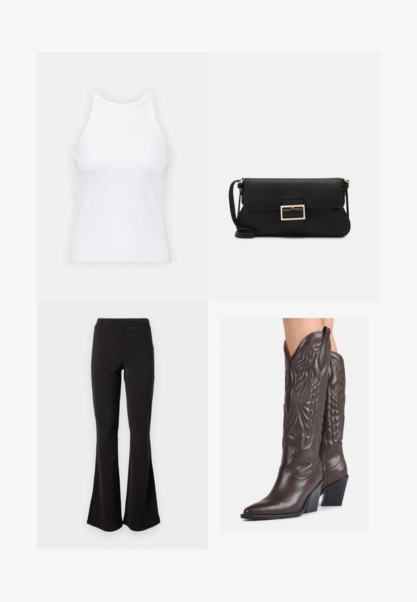 Bijela majica bez rukava napravljena od rebraste tkanine, s okruglim izrezom i uklapajućim siluetom, s minimalnim šavovima i bez ukrasa.; Crne punđe hlače napravljene od sjajnog materijala. Imaju široki pojas i glatku teksturu sa proširenjem od koljena do rubova.; Smeđe kožne kauboj čizme s šiljastim vrhom i blok-potpeticom, s detaljno izvezenim šavovima i uzdignutim naglascima na okovu.; Crna kožna clutch torbica s preklopom i zlatnim metalnim detaljem kopče. Uključuje crnu trakicu i elegantan, minimalistički dizajn.