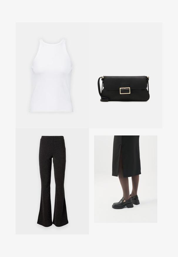 Valkoinen hihaton toppi, joka on valmistettu ribbikankaasta, ja jossa on pyöreä pääntie ja tiukka siluetti, minimaalisin saumoin ja ilman koristeita.; Mustat levenevät housut, jotka on valmistettu kimaltavasta kankaasta. Niissä on leveä vyötärö ja sileä pinta, ja ne levenevät polvesta helmaan saakka.; Mustat nahkakengät pyöreällä kärjellä, paksulla lohkopohjalla ja joustavilla sivuakkesseilla, yhdistettynä tummiin sukkahousuihin ja mustaan hameeseen, jossa on halkio.; Musta nahkainen kynäpenkkilaukku, jossa on läppä ja kultainen metallinen solkiyksityiskohta. Mukana musta hihna ja tyylikäs, minimalistinen muotoilu.