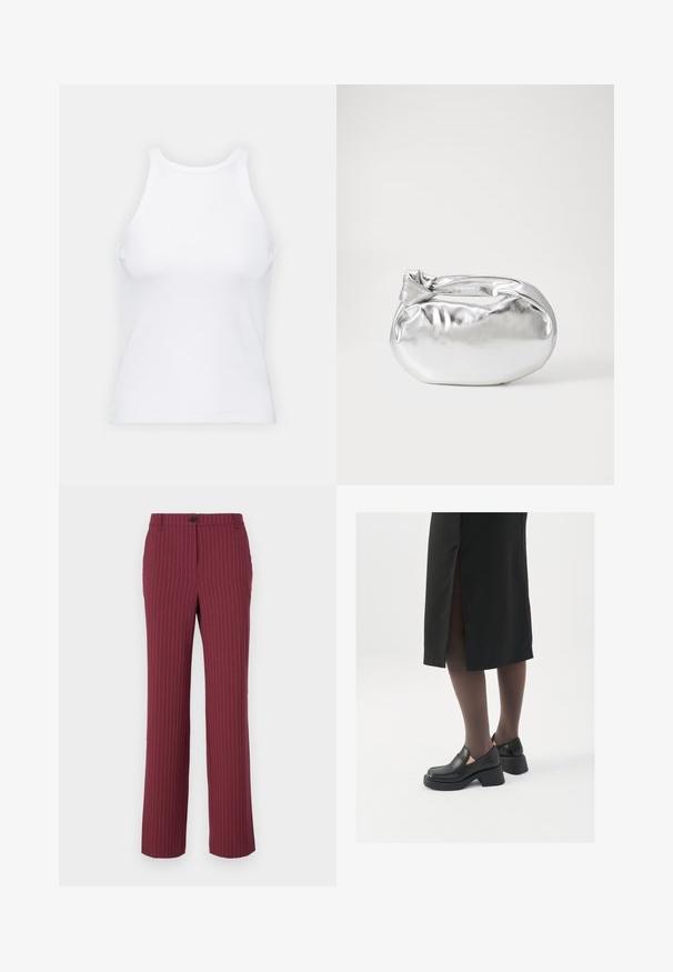 White sleeveless tank top made of ribbed fabric, featuring a rounded neckline and a fitted silhouette, with minimal seams and no embellishments.; Maroon pinstriped trousers with a straight leg design, button closure, and belt loops. Smooth fabric with vertical lines for added detail.; Black leather shoes with a rounded toe, thick block heel, and elastic side accents, paired with dark tights and a black skirt with a slit.; Silver metallic pouch bag with a soft, rounded shape and a knotted top closure. Made from smooth faux leather material.; Silver hoop earrings with a minimalist design. Circular shape, smooth texture, and thin profile. Lightweight with a polished finish.