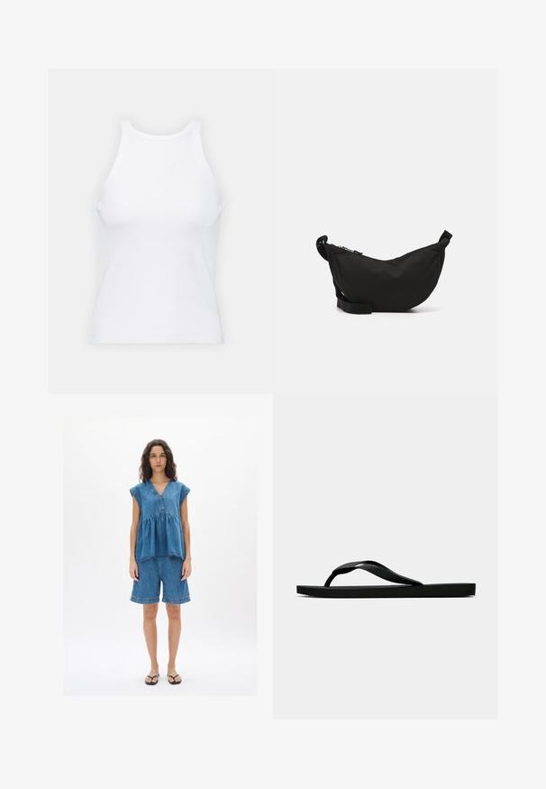Top de tirantes blanco sin mangas hecho de tela acanalada, con un escote redondeado y una silueta ajustada, con costuras mínimas y sin adornos.; Conjunto de mezclilla compuesto por una blusa de manga corta y escote en V, y pantalones cortos hasta la rodilla. La tela es de color azul, con un corte holgado y detalles de costura visibles.; Chancla de goma negra con una tira de dedo texturizada y una suela plana sencilla, vista de lado sobre un fondo claro y liso.; Bolso cruzado de tela negra con forma curva, cierre de cremallera, correa ajustable y un pequeño bolsillo lateral para almacenamiento adicional.