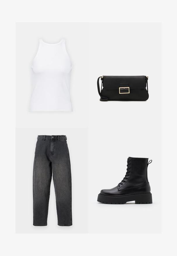 Hvid ærmeløs tanktop lavet af ribbet stof, med en rund halsudskæring og en tætsiddende silhuet, med minimale sømme og ingen pynt.; Sorte denim bukser med en afslappet pasform, fem-lomme design og knaplukning, med en slidt finish og lige ben.; Sorte læder ankelstøvler med rund tå, snørebånd foran og en tyk gummisål med struktureret slidbane. Hæfteløkke bagpå.; Sort læder clutchtaske med klap og detaljer i guldmetallisk spænde. Inkluderer en sort rem og et slankt, minimalistisk design.; Sølvøreringe med et minimalistisk design. Cirkulær form, glat tekstur og tynd profil. Letvægtige med en poleret overflade.